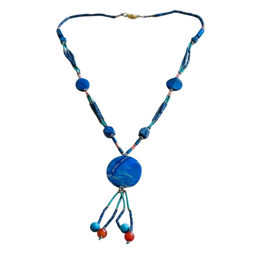 Vtg Lapis Lazuli Malachite Egyptian Revival Necklace Stone Beaded Tassel Boho